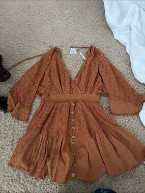Free People Burnt Orange Crochet Lace Button-Front Romper (size XS)